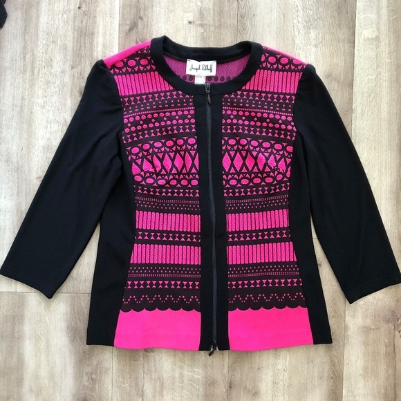 JOSEPH RIBKOFF, Black, Pink, Print, Full Zip, Jacket, Size 12, Nice Condition - Picture 4 of 12